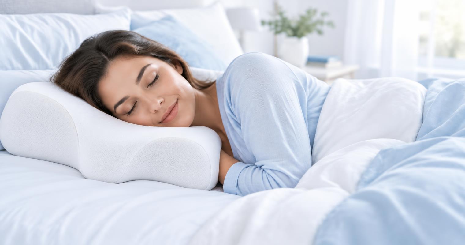 Woman sleeping on her side on a supportive memory foam pillow